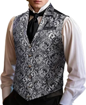 Barry.Wang Mens Victorian Suit Vest Lapel Collar Silk Paisley Steampunk Gothic Waistcoat Formal/Leisure Party