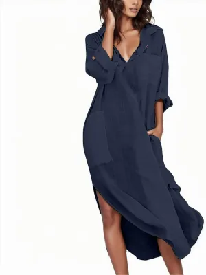 Beach Dress for Women Cotton Linen Flowy Summer Maxi Dresses 3/4 Sleeve V Neck Vacation Shirt Sundress with Pockets