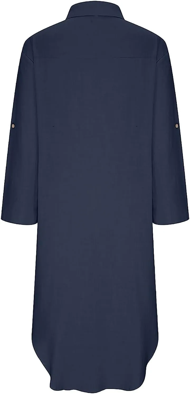 Beach Dress for Women Cotton Linen Flowy Summer Maxi Dresses 3/4 Sleeve V Neck Vacation Shirt Sundress with Pockets