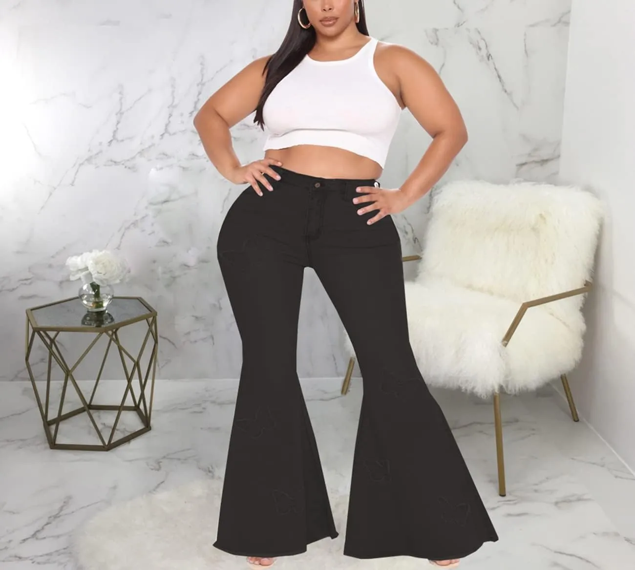 BessCops Plus Size Bell Bottom Jeans for Women Elastic High Waisted Classic Flared Denim Pants
