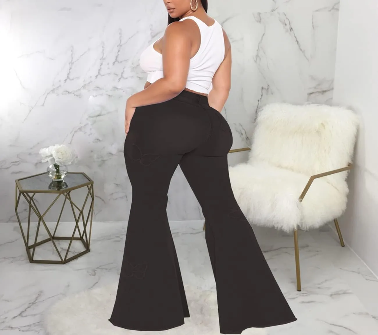 BessCops Plus Size Bell Bottom Jeans for Women Elastic High Waisted Classic Flared Denim Pants