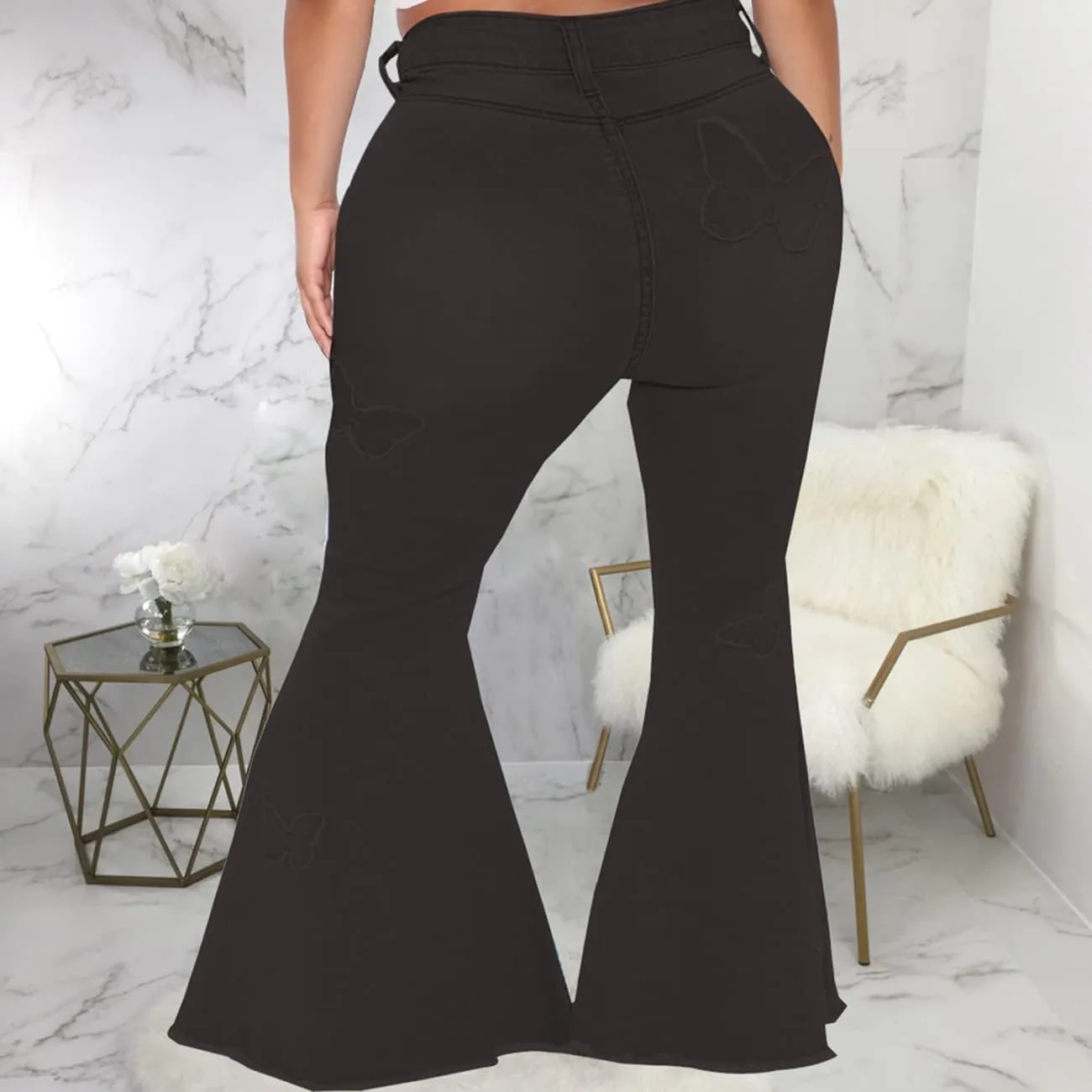 BessCops Plus Size Bell Bottom Jeans for Women Elastic High Waisted Classic Flared Denim Pants