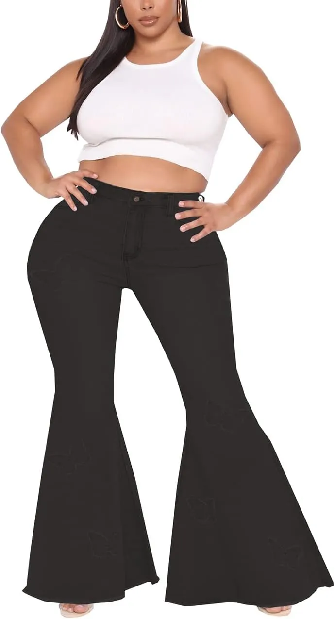 BessCops Plus Size Bell Bottom Jeans for Women Elastic High Waisted Classic Flared Denim Pants