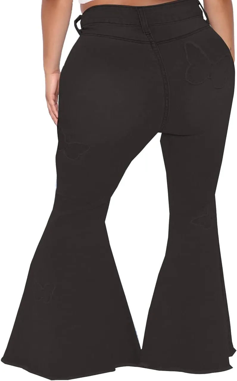 BessCops Plus Size Bell Bottom Jeans for Women Elastic High Waisted Classic Flared Denim Pants