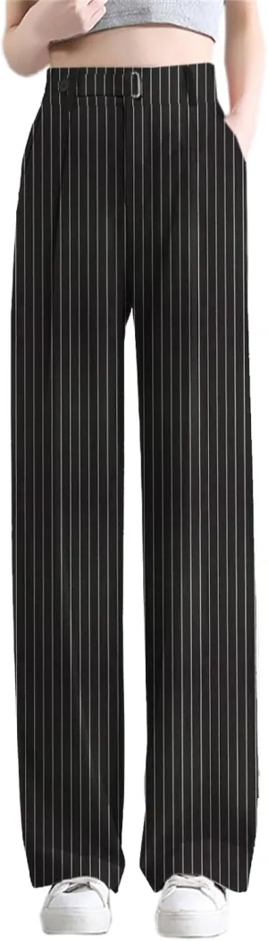 Betusline Women's Wide Leg Long Dress Pants High Waisted Business Stripe Straight Office Trousers, Black Stripe, X-Small