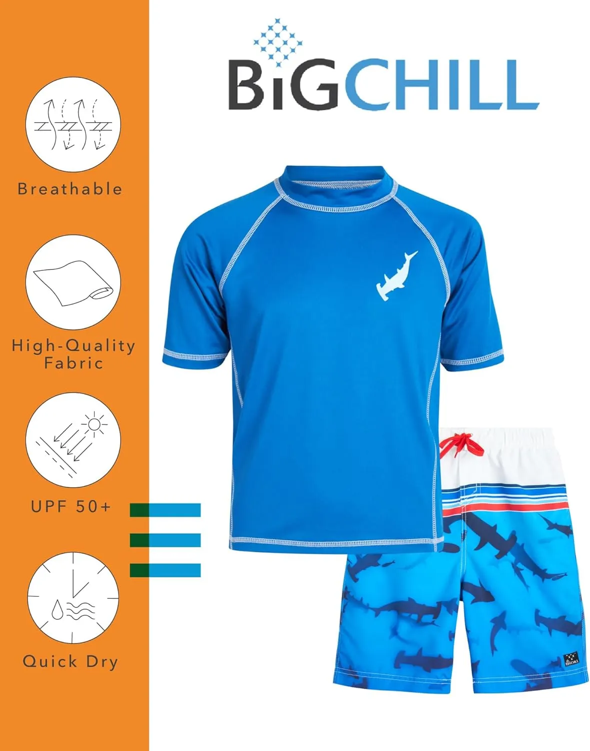 Big Chill Boys Rash Guard Set - 4 Piece UPF50  Sun Protection Quick Dry Short Sleeve Swim Shirt & Swim Trunks Set (Size 4-14)