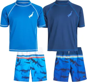Big Chill Boys Rash Guard Set - 4 Piece UPF50  Sun Protection Quick Dry Short Sleeve Swim Shirt & Swim Trunks Set (Size 4-14)