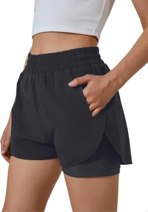 BMJL Women's Running Workout Shorts Elastic High Waist Pocket Short
