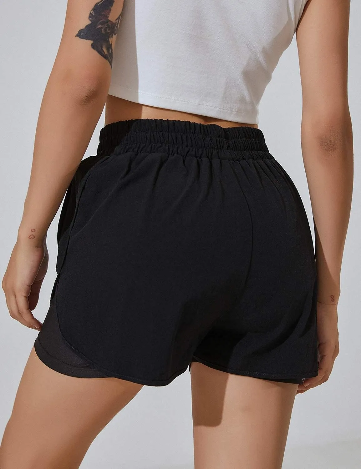 BMJL Women's Running Workout Shorts Elastic High Waist Pocket Short