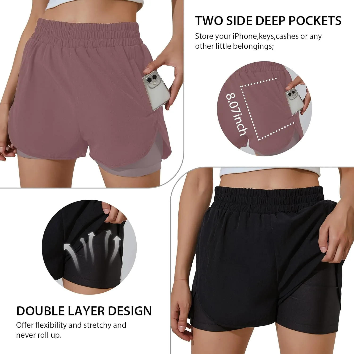 BMJL Women's Running Workout Shorts Elastic High Waist Pocket Short