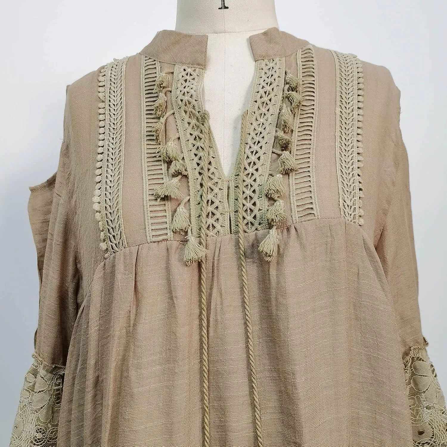 Boho Dress for Women,Elegant Fringe Sexy V Neck Cold Shoulder Long Sleeve Lace Flowy Plus Size Summer Mini Dress