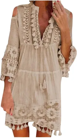 Boho Dress for Women,Elegant Fringe Sexy V Neck Cold Shoulder Long Sleeve Lace Flowy Plus Size Summer Mini Dress