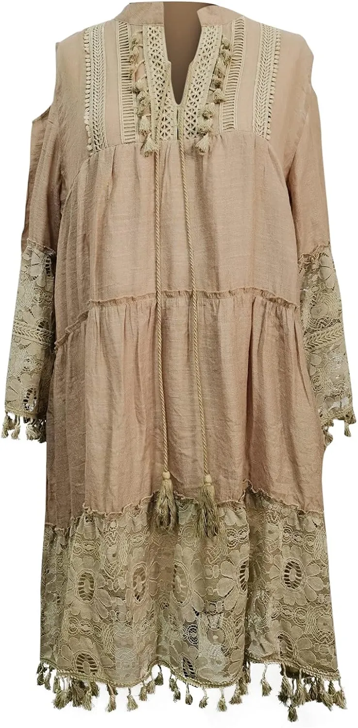 Boho Dress for Women,Elegant Fringe Sexy V Neck Cold Shoulder Long Sleeve Lace Flowy Plus Size Summer Mini Dress