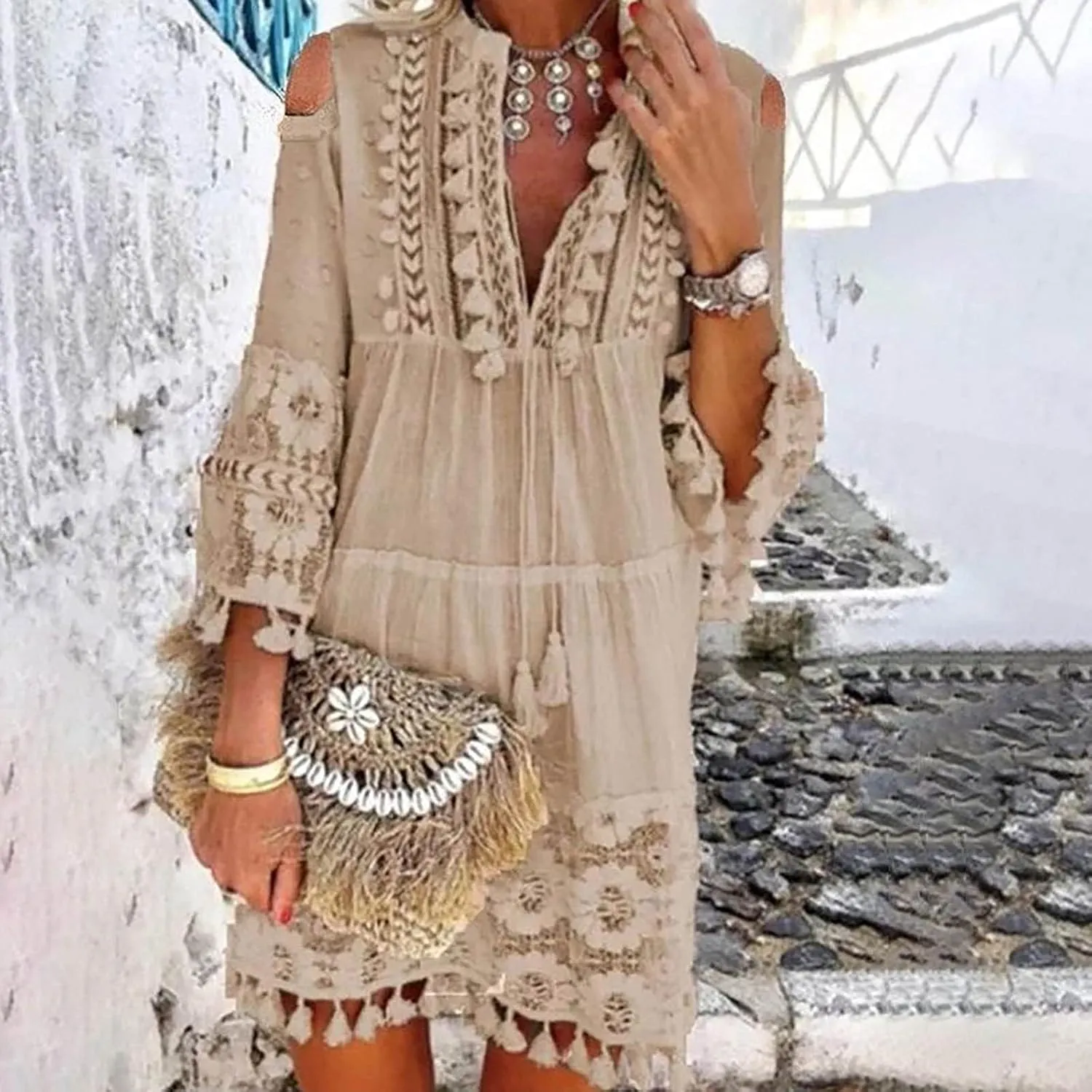 Boho Dress for Women,Elegant Fringe Sexy V Neck Cold Shoulder Long Sleeve Lace Flowy Plus Size Summer Mini Dress