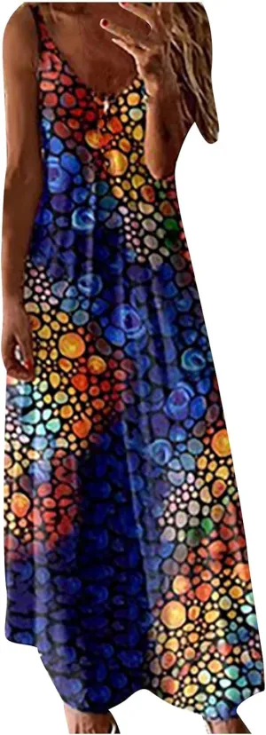 Boho Dresses for Women 2024 Casual Summer Sexy Spaghetti Strap Maxi Dress Sleeveless Beach Flowy Sundresses