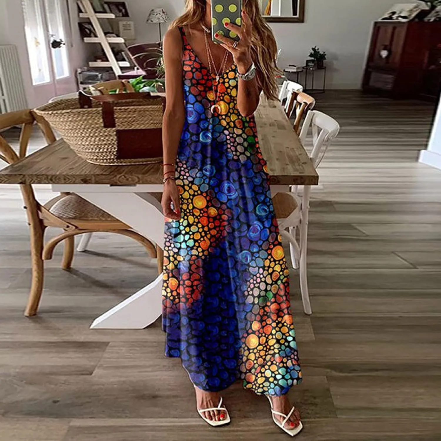 Boho Dresses for Women 2024 Casual Summer Sexy Spaghetti Strap Maxi Dress Sleeveless Beach Flowy Sundresses