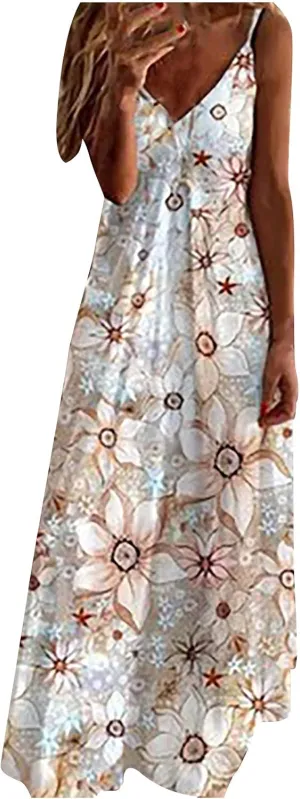 Boho Dresses for Women 2024 Casual Summer Sexy Spaghetti Strap Maxi Dress Sleeveless Beach Flowy Sundresses