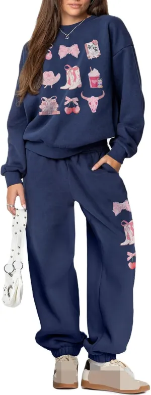 Bow Sweat Set for Women Sweatsuits 2 Piece Set Long Sleeve Oversized Hoodie Sweatpants Matching Tracksuit Preppy