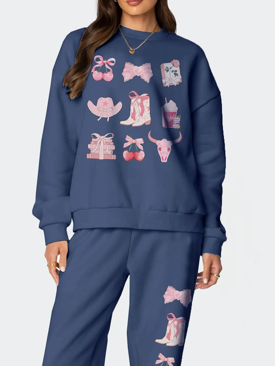 Bow Sweat Set for Women Sweatsuits 2 Piece Set Long Sleeve Oversized Hoodie Sweatpants Matching Tracksuit Preppy