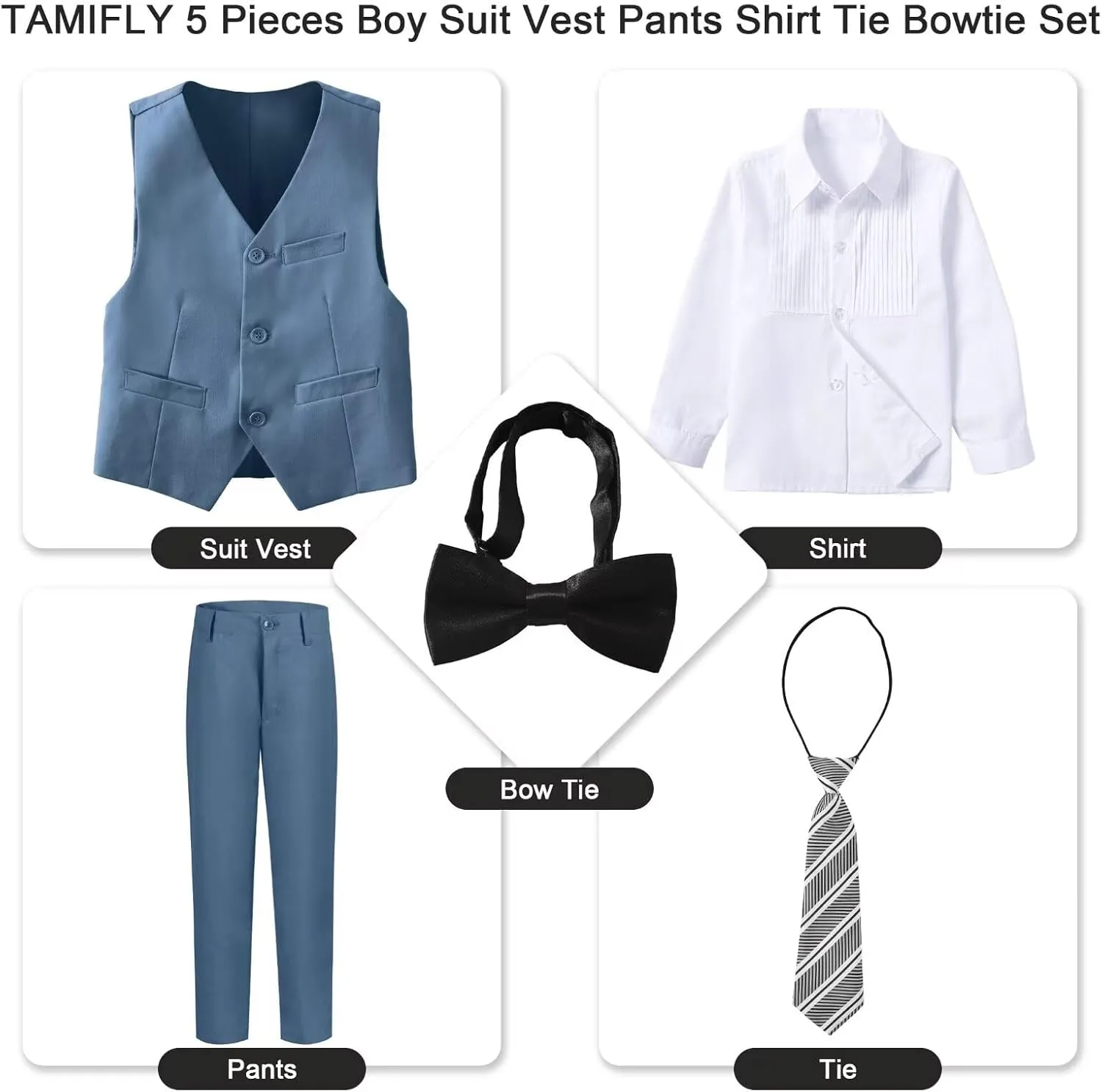 Boy 5-Piece Formal Suit Set Slim Fit Vest Pants Collared Dress Shirt Tie Kids Baby Boy Teen Ring Bearer Gentleman Outfits