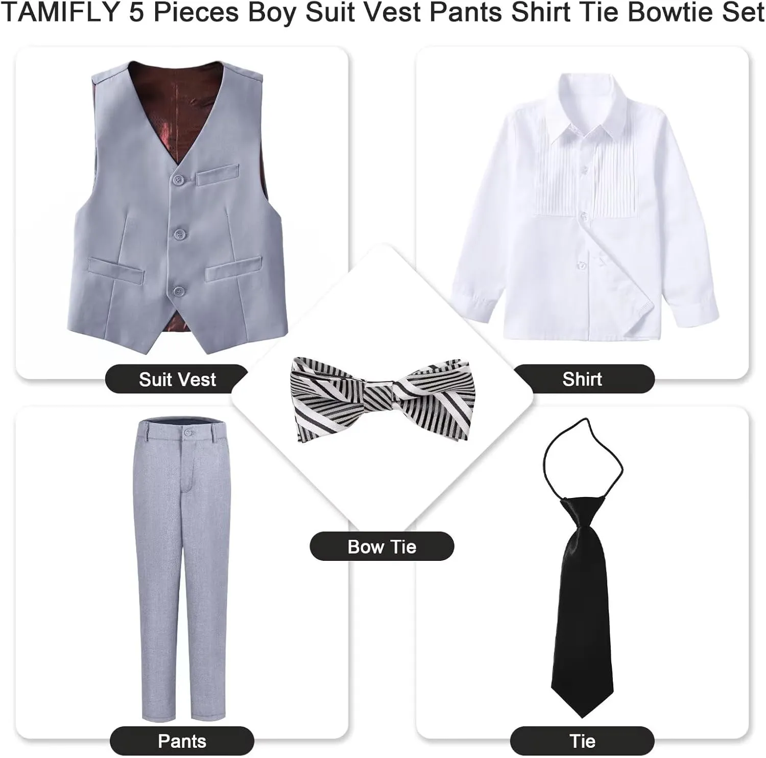 Boy 5-Piece Formal Suit Set Slim Fit Vest Pants Collared Dress Shirt Tie Kids Baby Boy Teen Ring Bearer Gentleman Outfits