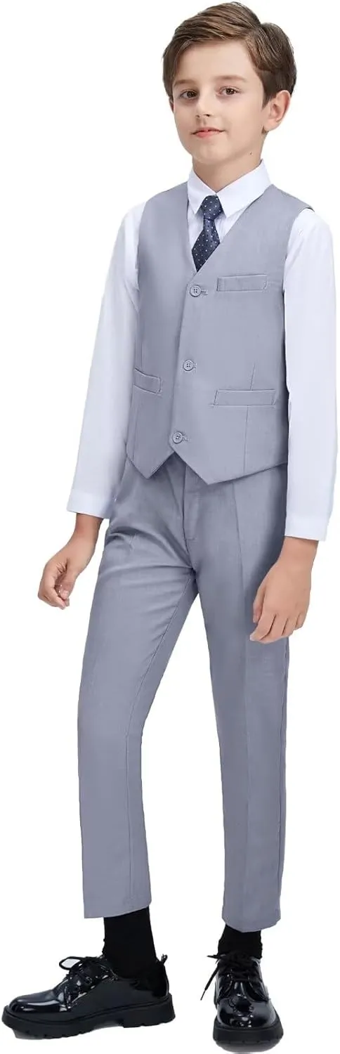 Boy 5-Piece Formal Suit Set Slim Fit Vest Pants Collared Dress Shirt Tie Kids Baby Boy Teen Ring Bearer Gentleman Outfits