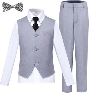 Boy 5-Piece Formal Suit Set Slim Fit Vest Pants Collared Dress Shirt Tie Kids Baby Boy Teen Ring Bearer Gentleman Outfits