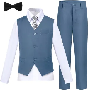 Boy 5-Piece Formal Suit Set Slim Fit Vest Pants Collared Dress Shirt Tie Kids Baby Boy Teen Ring Bearer Gentleman Outfits