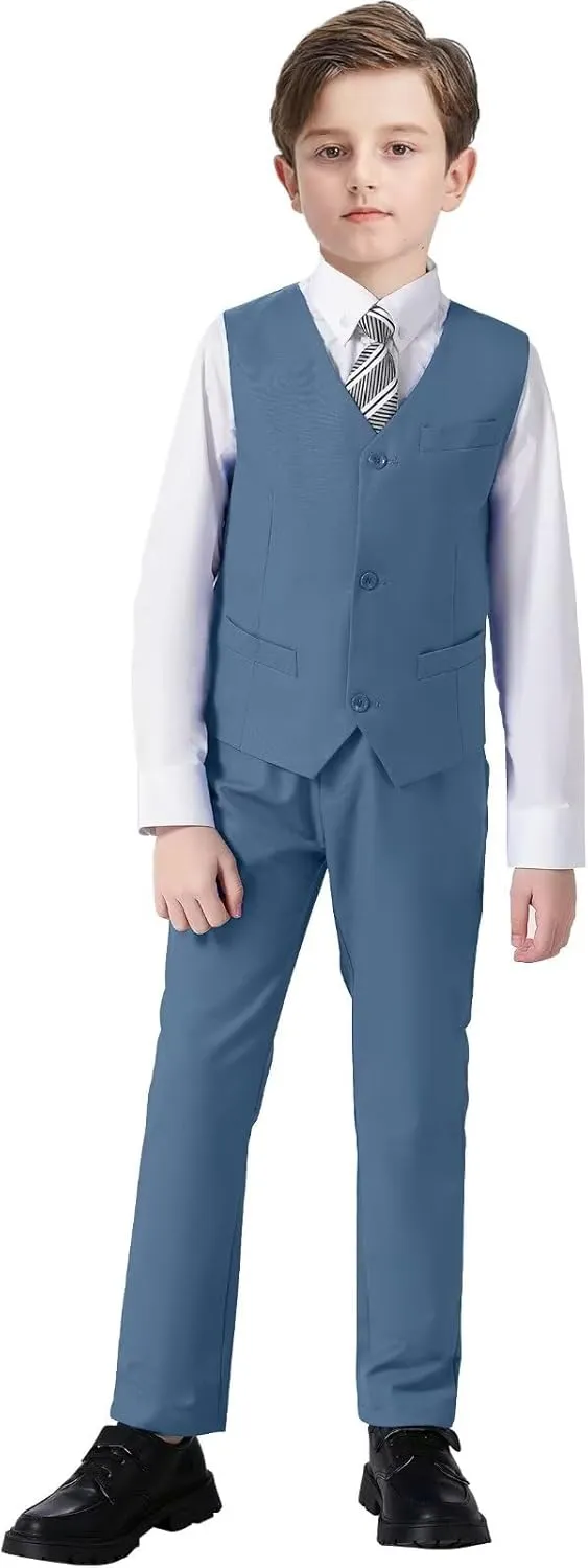 Boy 5-Piece Formal Suit Set Slim Fit Vest Pants Collared Dress Shirt Tie Kids Baby Boy Teen Ring Bearer Gentleman Outfits