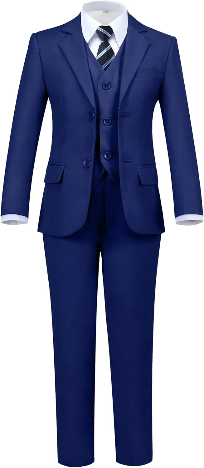 Boys' 5 Piece Formal Suit Set with Suit Jacket, Vest, Pants, Collared Dress Shirt, and Tie