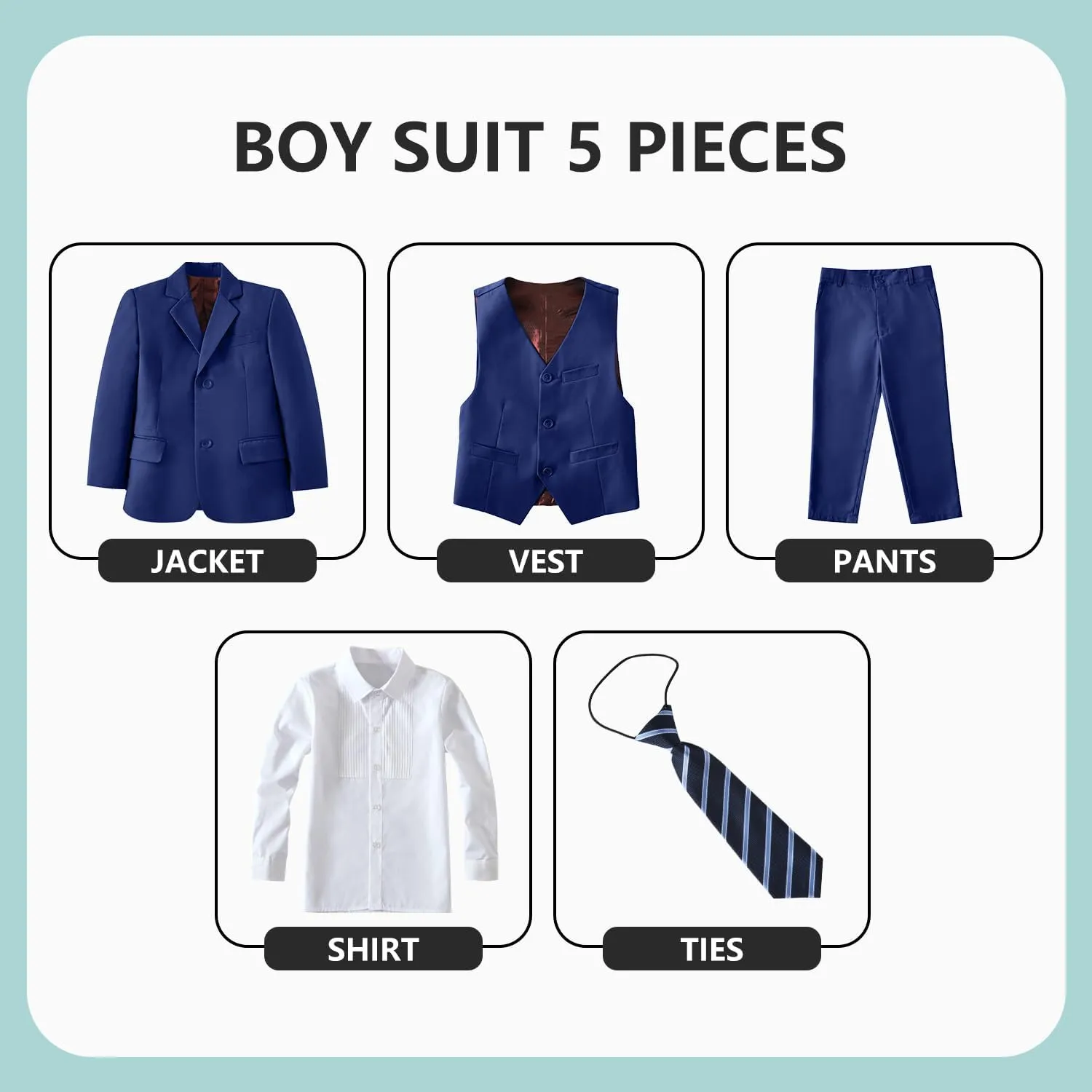 Boys' 5 Piece Formal Suit Set with Suit Jacket, Vest, Pants, Collared Dress Shirt, and Tie