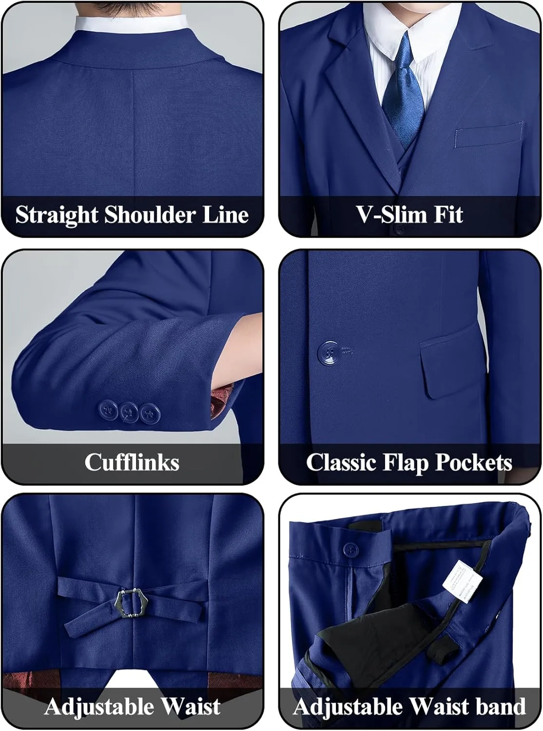 Boys' 5 Piece Formal Suit Set with Suit Jacket, Vest, Pants, Collared Dress Shirt, and Tie