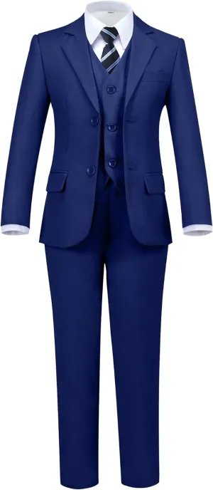 Boys' 5 Piece Formal Suit Set with Suit Jacket, Vest, Pants, Collared Dress Shirt, and Tie