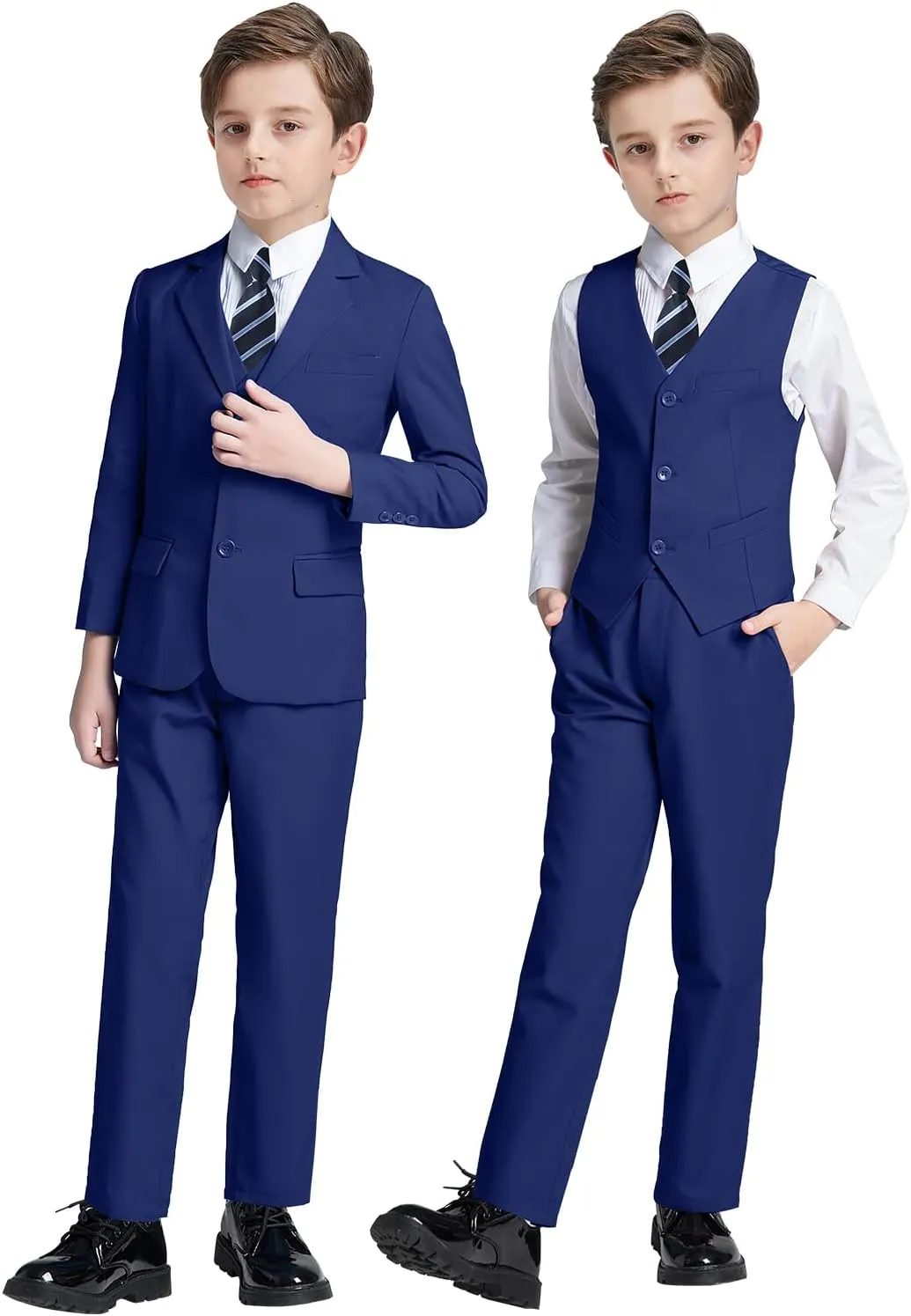 Boys' 5 Piece Formal Suit Set with Suit Jacket, Vest, Pants, Collared Dress Shirt, and Tie