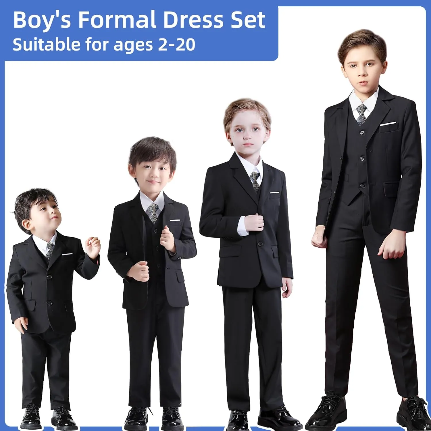 Boys Suit Slim Fit 5 Piece for Kids Toddler Suit Wedding Outfit for Teenage Boys Formal Tuxedo Set