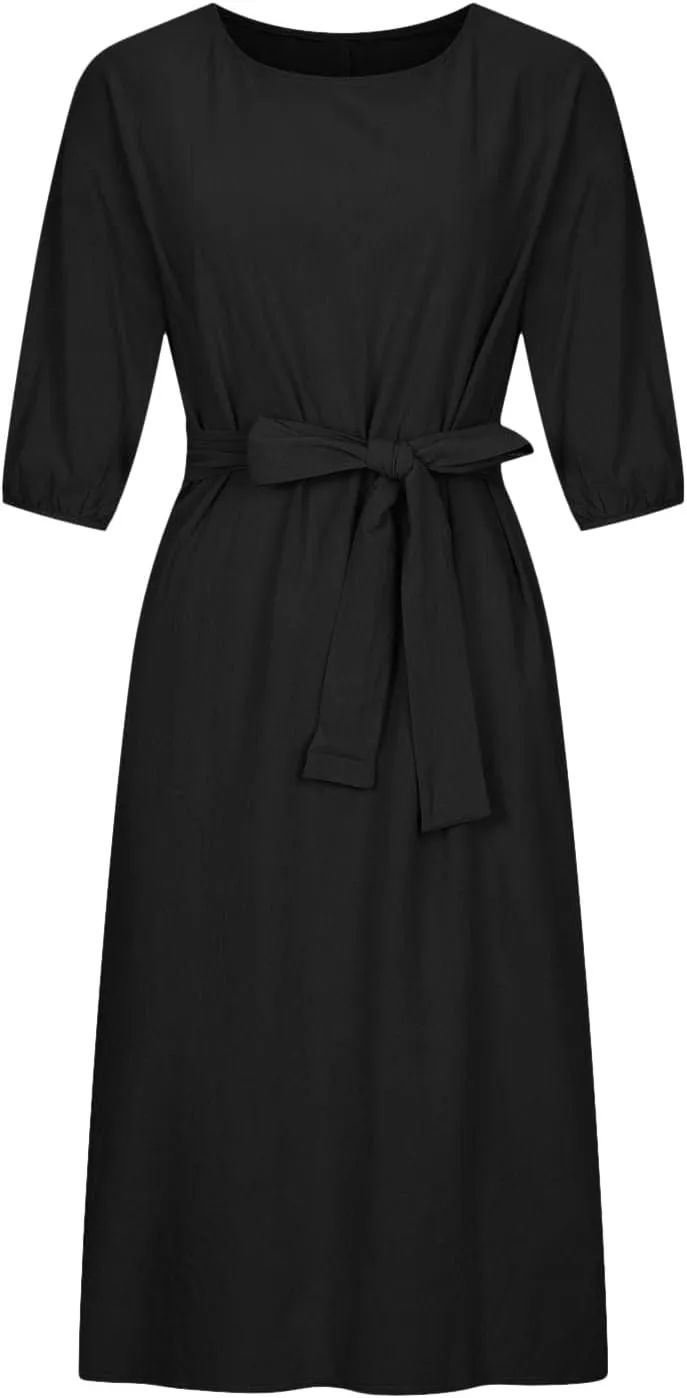 Business Dress for Women Solid Color Tie Waist Knee Length Long Sleeve Dresses Casual Loose Plus Size Office Dress