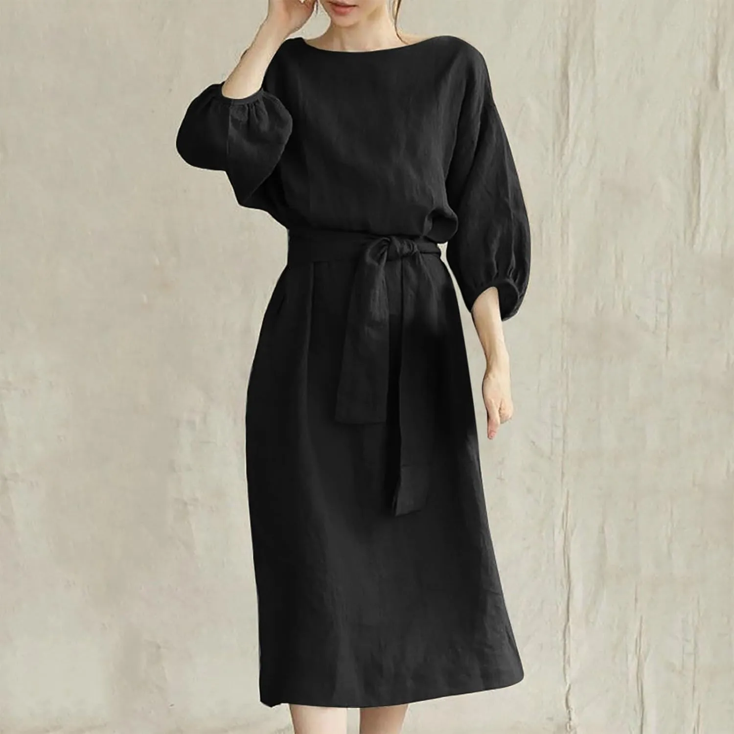 Business Dress for Women Solid Color Tie Waist Knee Length Long Sleeve Dresses Casual Loose Plus Size Office Dress