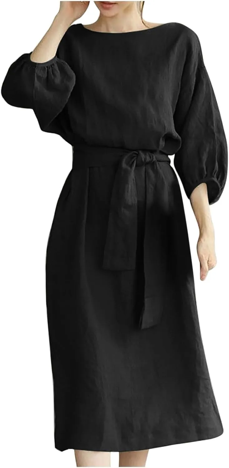 Business Dress for Women Solid Color Tie Waist Knee Length Long Sleeve Dresses Casual Loose Plus Size Office Dress