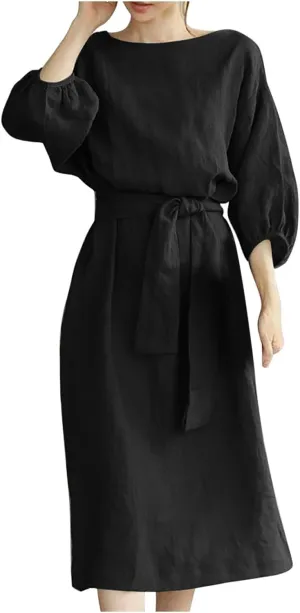 Business Dress for Women Solid Color Tie Waist Knee Length Long Sleeve Dresses Casual Loose Plus Size Office Dress