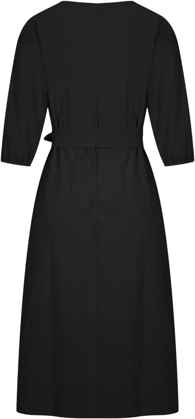 Business Dress for Women Solid Color Tie Waist Knee Length Long Sleeve Dresses Casual Loose Plus Size Office Dress