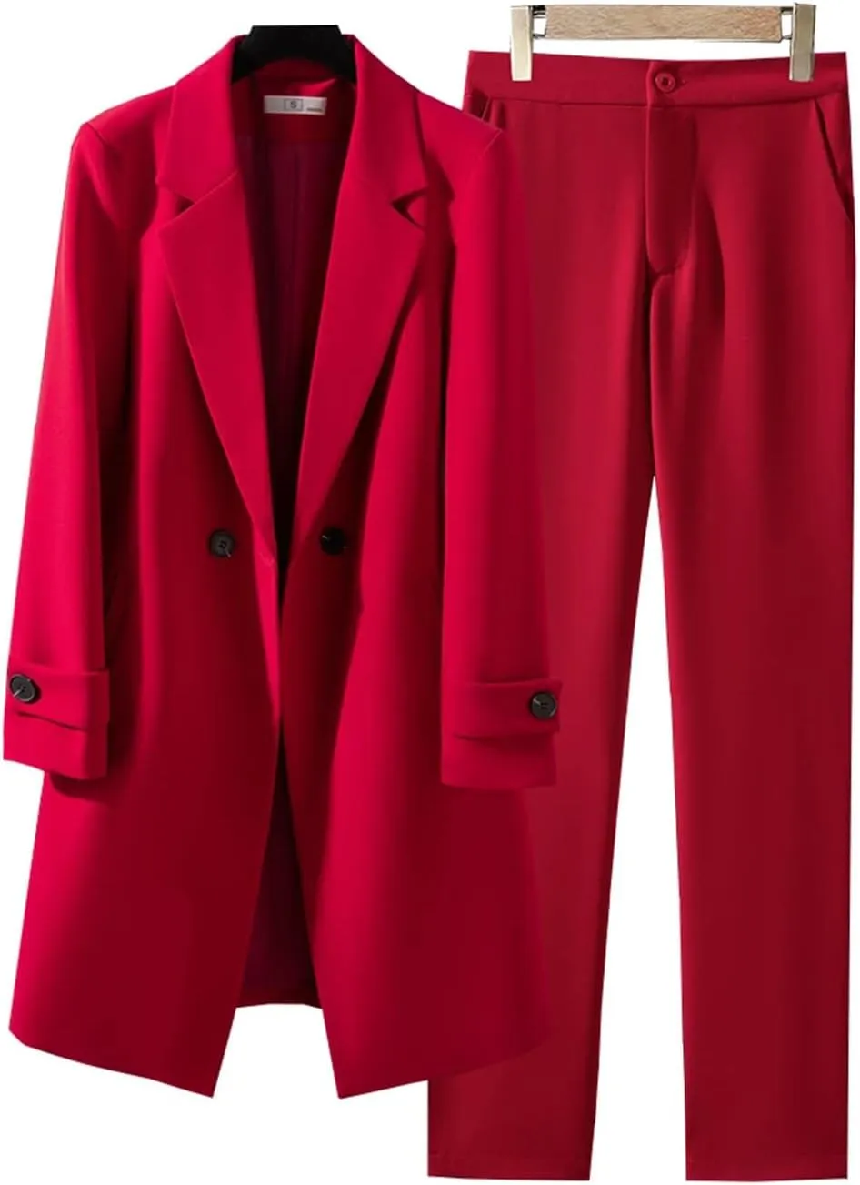 Business Work Wear Pant Suit for Women Long Blazer Overcoat Set Female Office Ladies Jacket and Trouser 2 Pieces