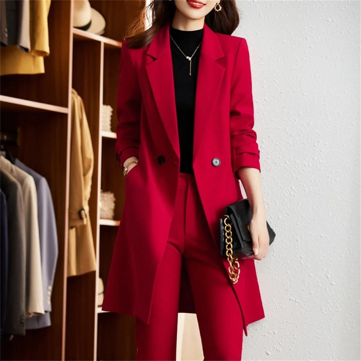 Business Work Wear Pant Suit for Women Long Blazer Overcoat Set Female Office Ladies Jacket and Trouser 2 Pieces