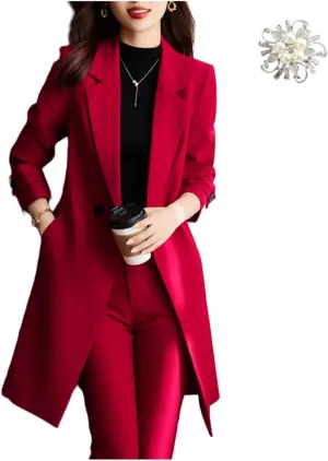 Business Work Wear Pant Suit for Women Long Blazer Overcoat Set Female Office Ladies Jacket and Trouser 2 Pieces