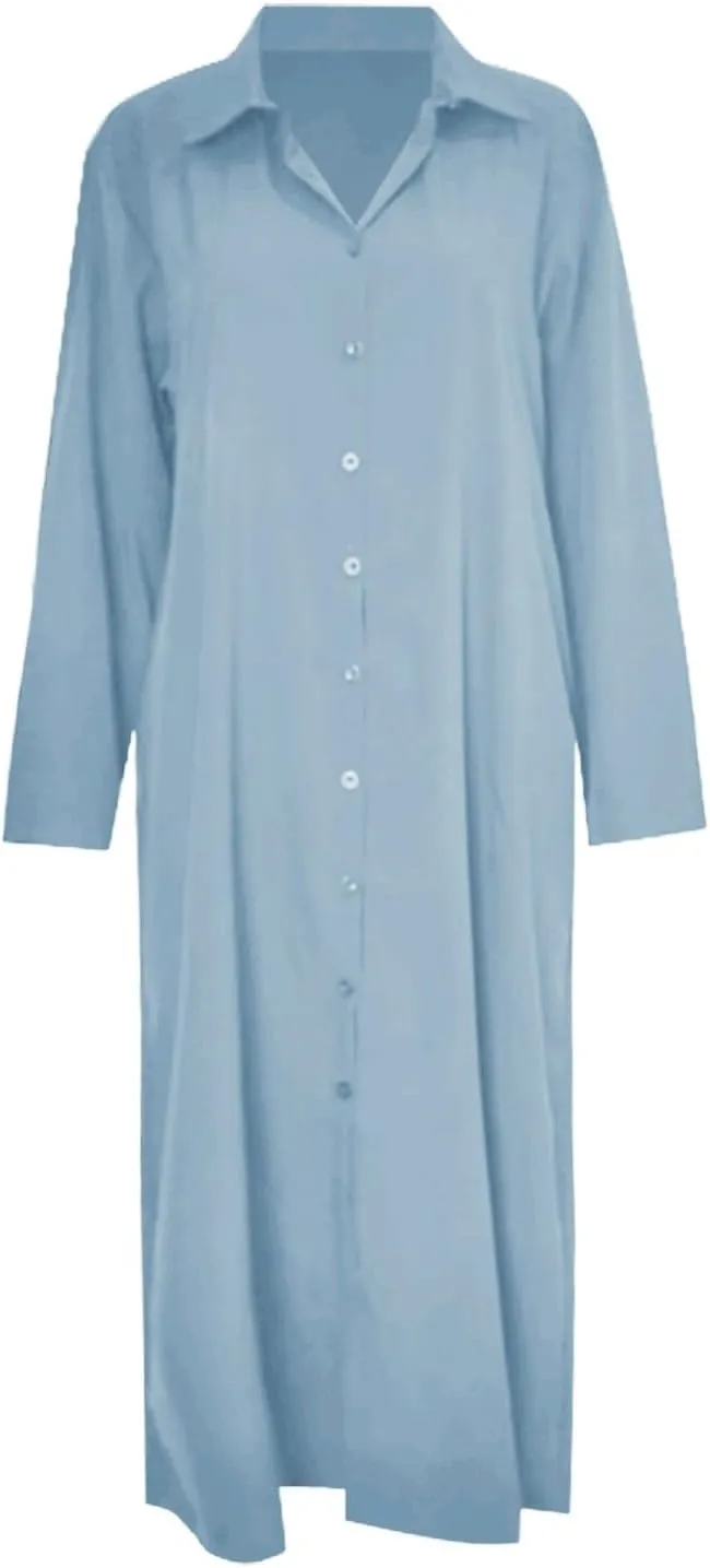 Caftans Dresses for Women Gauze Maxi Botton Dowm Long Sleeve Shirt Dress Lapel Fall Causal Loose Dress with Pockets