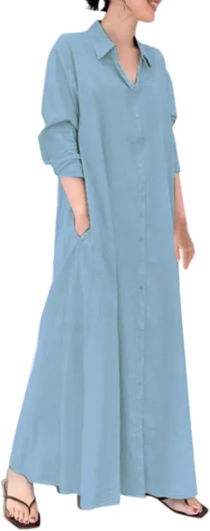 Caftans Dresses for Women Gauze Maxi Botton Dowm Long Sleeve Shirt Dress Lapel Fall Causal Loose Dress with Pockets