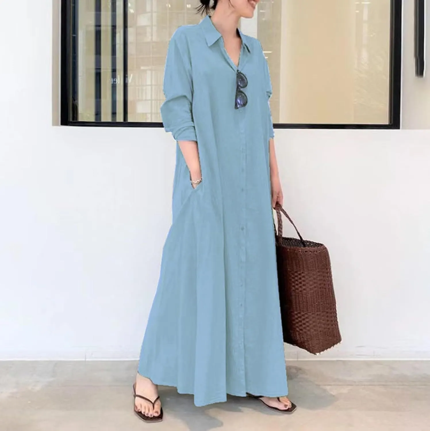 Caftans Dresses for Women Gauze Maxi Botton Dowm Long Sleeve Shirt Dress Lapel Fall Causal Loose Dress with Pockets