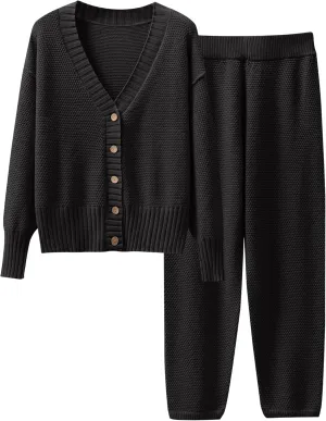 Caracilia Womens 2 Piece Outfits Lounge Set V Neck Cardigan Sweater Pants Sets Knit Matching Loungewear 2024 Fall Clothes