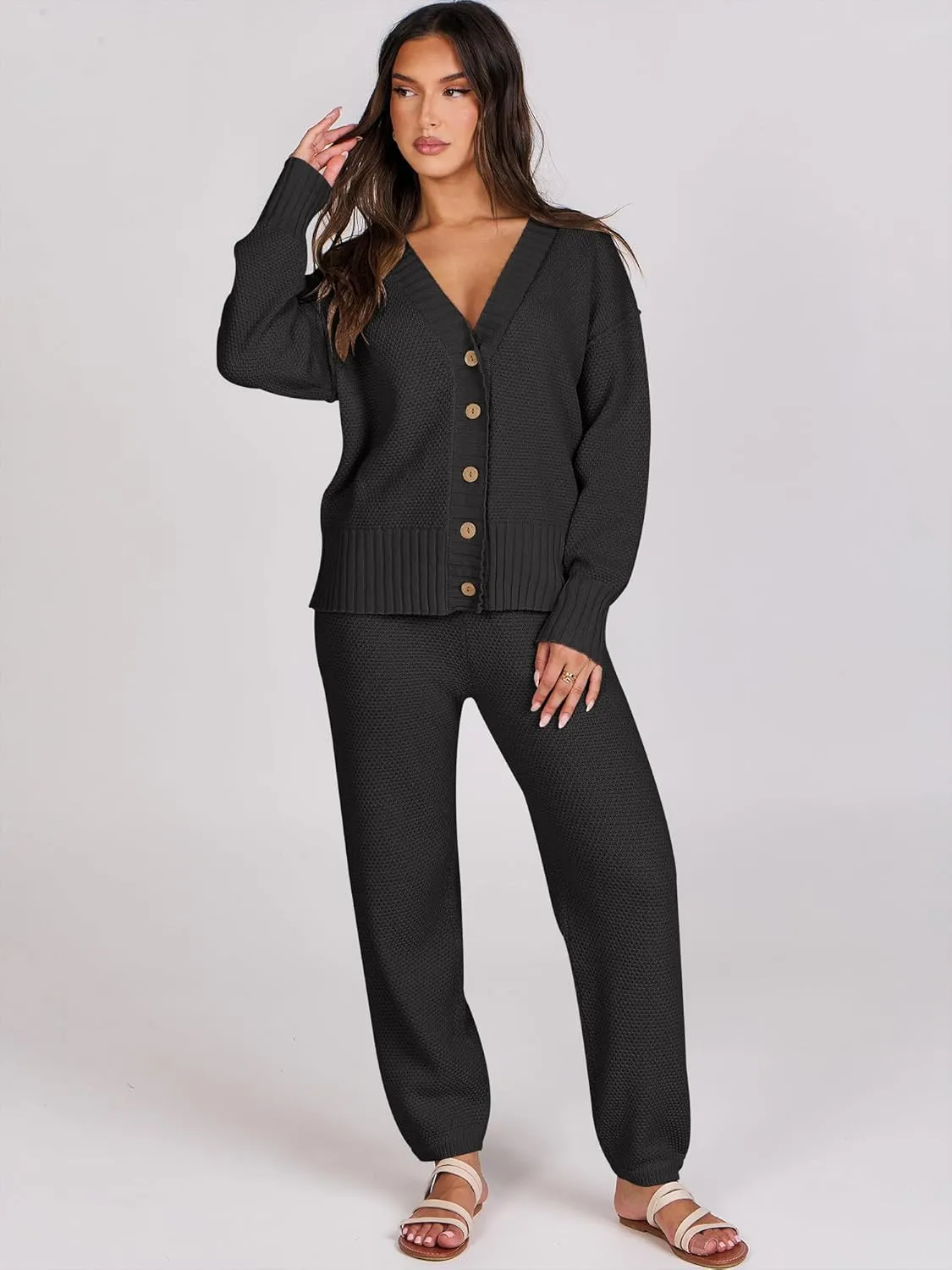 Caracilia Womens 2 Piece Outfits Lounge Set V Neck Cardigan Sweater Pants Sets Knit Matching Loungewear 2024 Fall Clothes