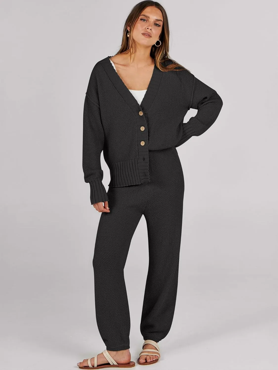 Caracilia Womens 2 Piece Outfits Lounge Set V Neck Cardigan Sweater Pants Sets Knit Matching Loungewear 2024 Fall Clothes