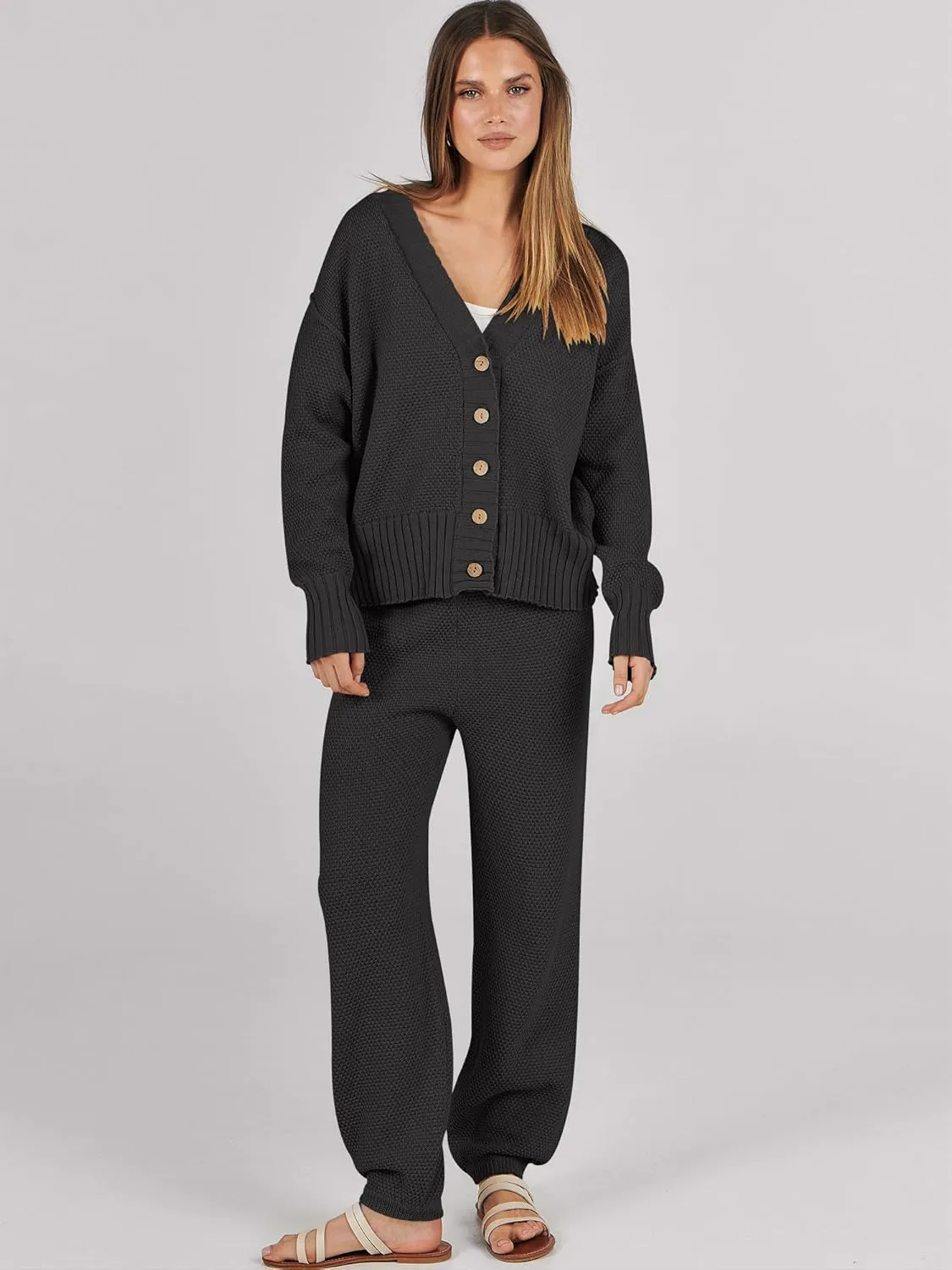 Caracilia Womens 2 Piece Outfits Lounge Set V Neck Cardigan Sweater Pants Sets Knit Matching Loungewear 2024 Fall Clothes